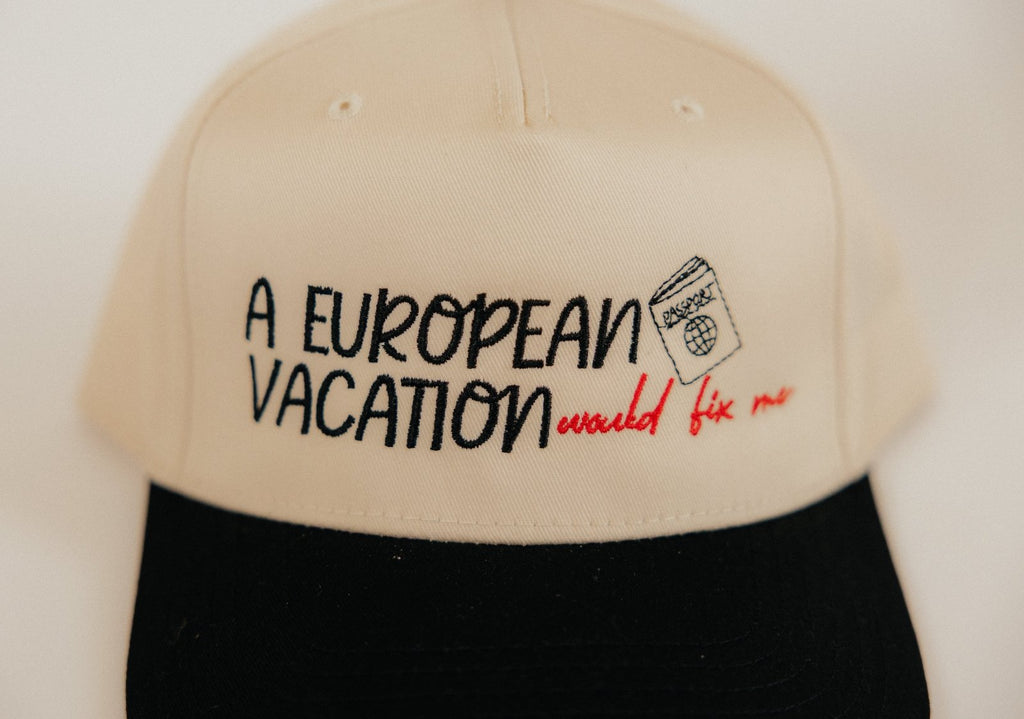 Coco & Rho A European Vacation Would Fix Me – Trucker Hat — detail close-up