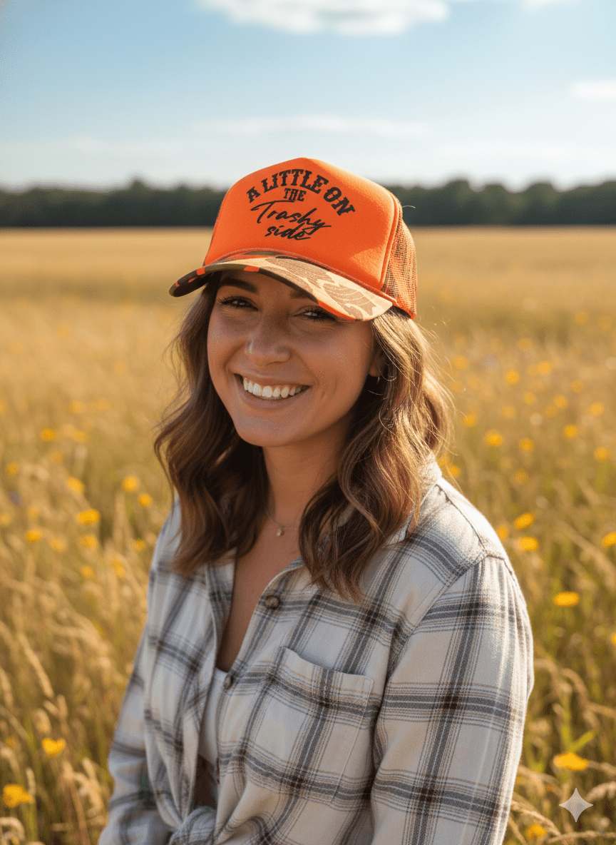 Wild Junkie A Little On The Trashy Side Orange Camo Trucker Hat — Orange detail