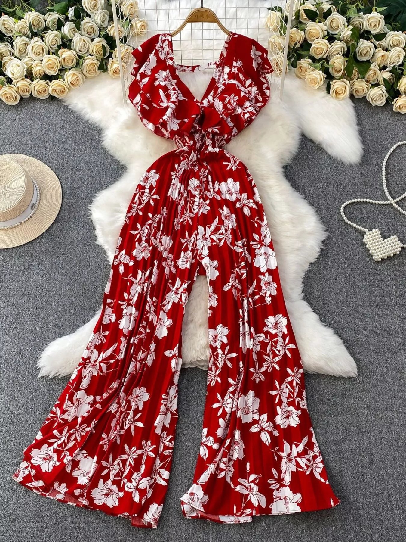 Floral Print Wide Leg Pleated Jumpsuit