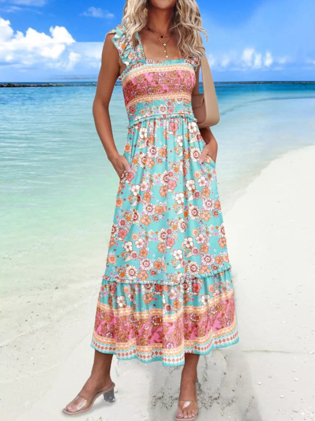 Tropical Palm Print Square Neck Midi Dress