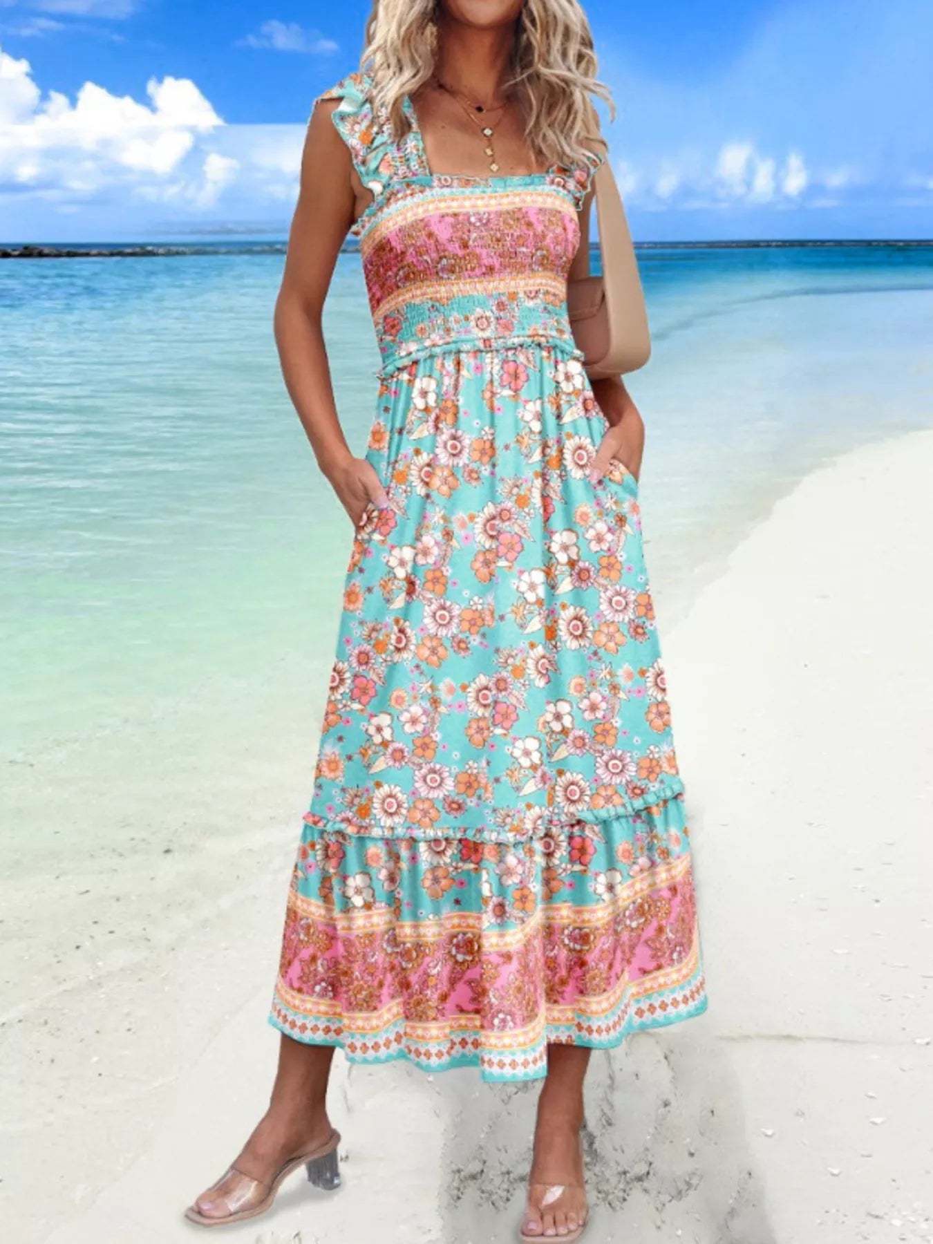 Tropical Palm Print Square Neck Midi Dress
