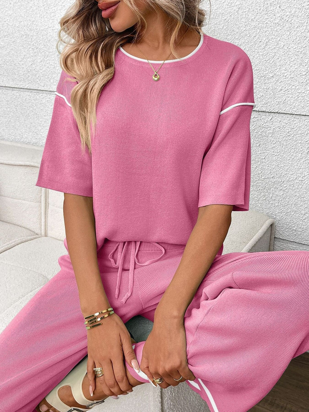 Round Neck Half Sleeve Top and Pants Set