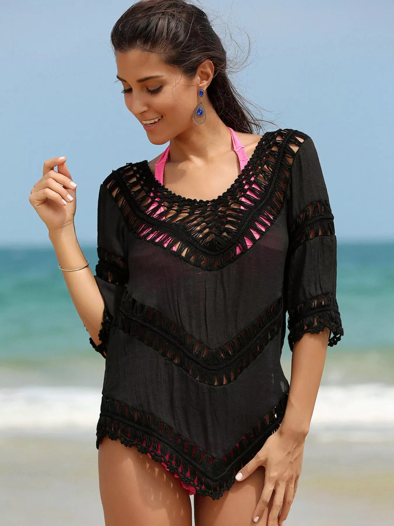 Crochet Trim V-Neck Cover Up