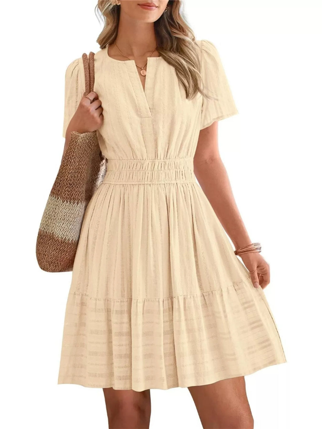 Short Sleeve Smocked Waist Tiered Dress
