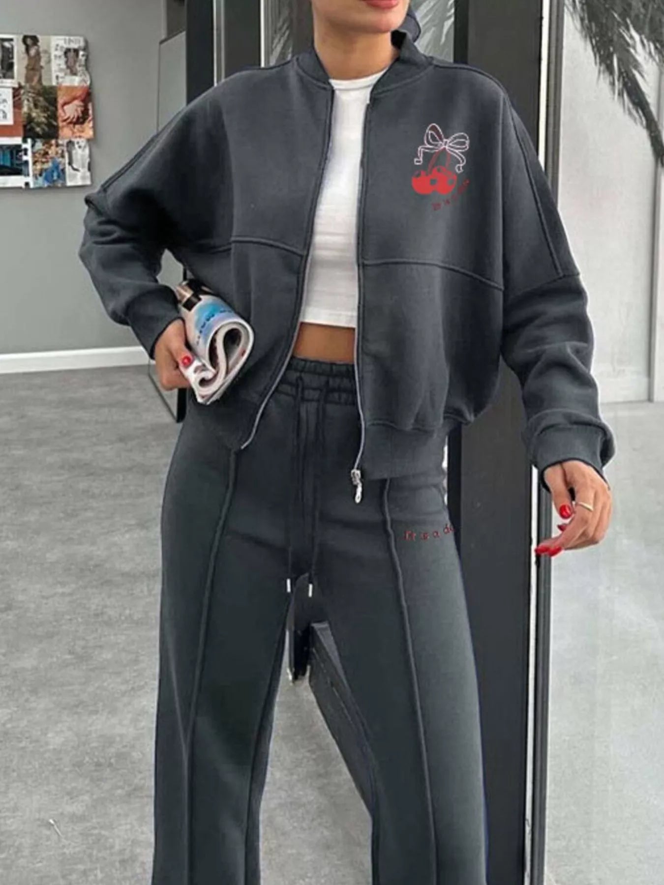 Zip Up Dropped Shoulder Outerwear and Pants Set