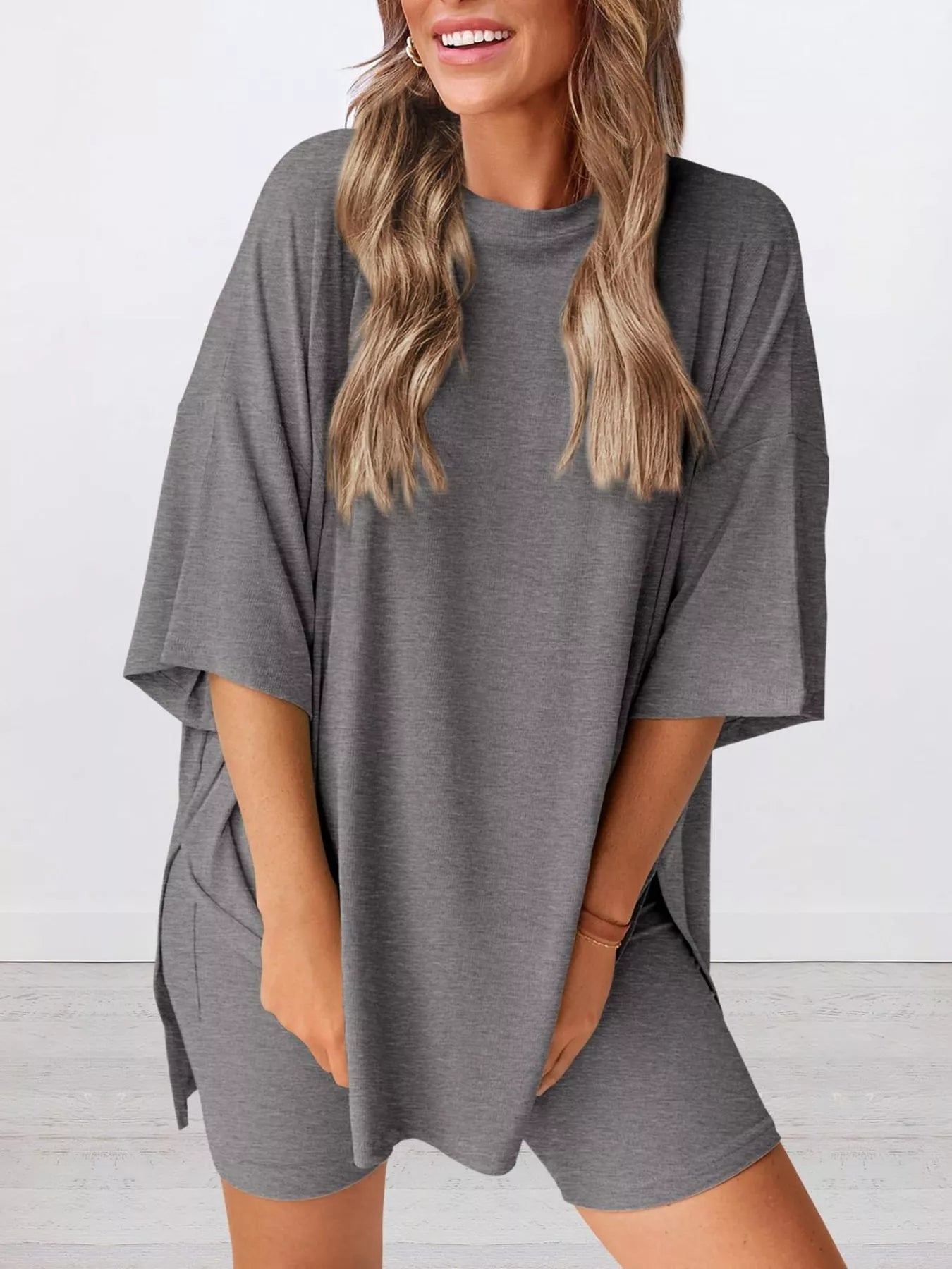 Full Size Relaxed Fit Round Neck Top and Shorts Two-Piece Set Plus Size