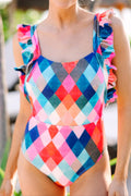 Multicolor Plaid Print Square Neck Frill Sleeveless Backless One-Piece Swimwear