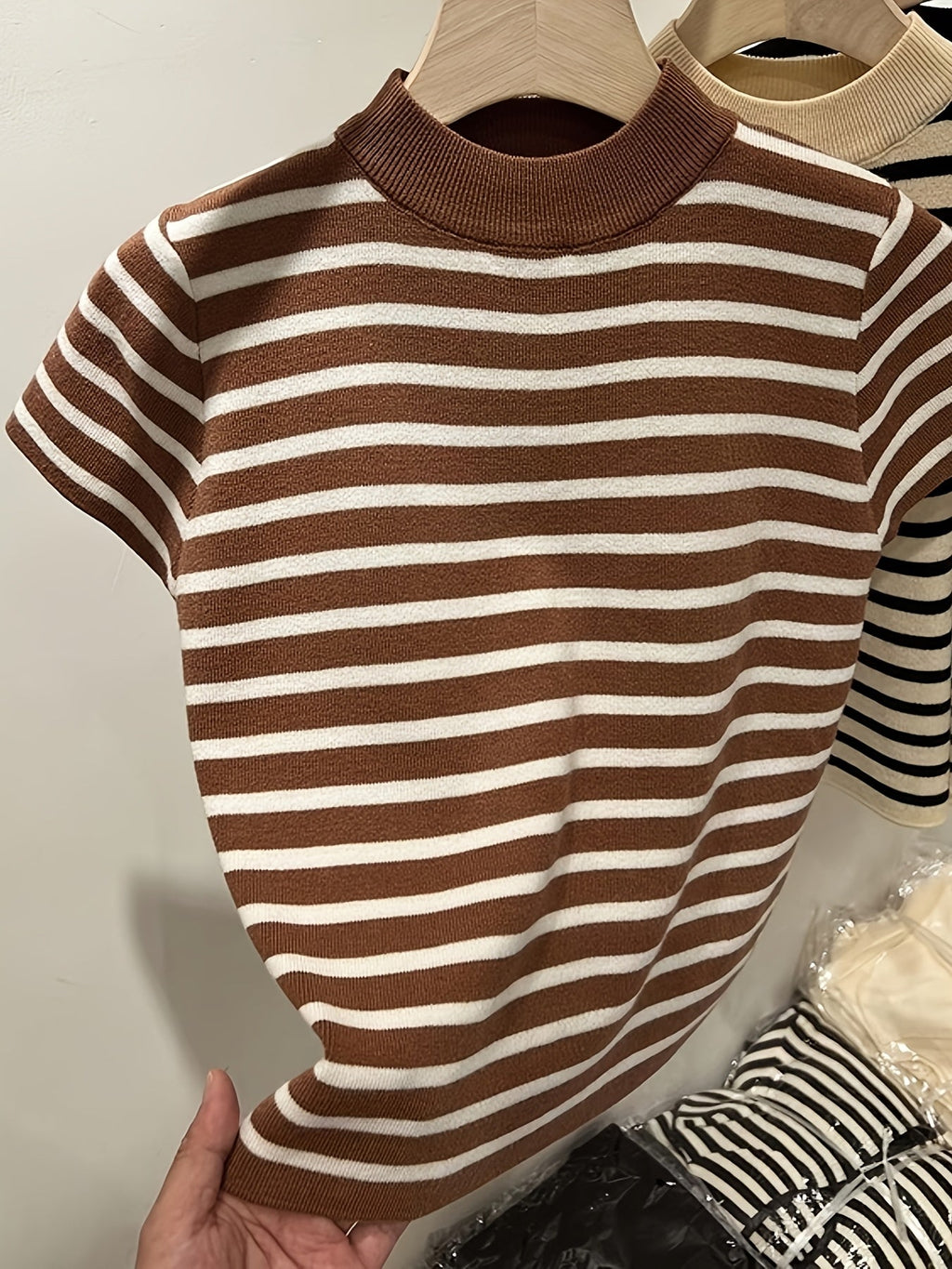 MyClosetAid Semi-High Neck Striped Short-Sleeved T-Shirt — side view