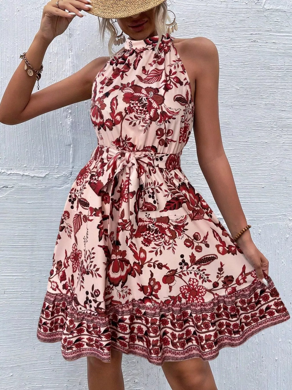 Printed Sleeveless Tie Waist Dress