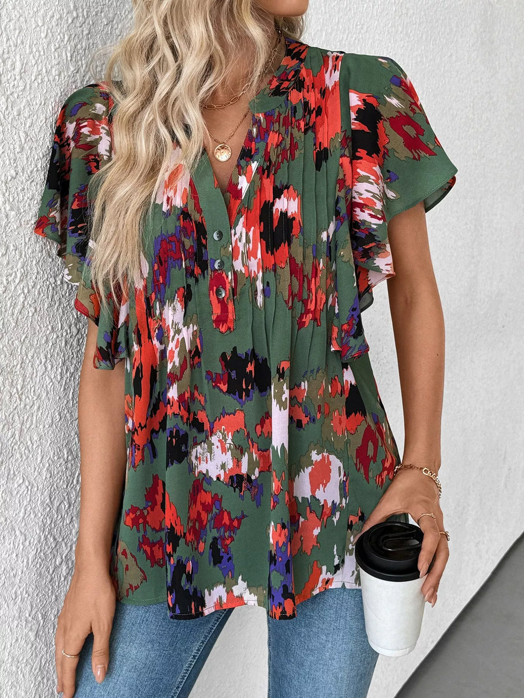Abstract Print Flutter Sleeve Blouse