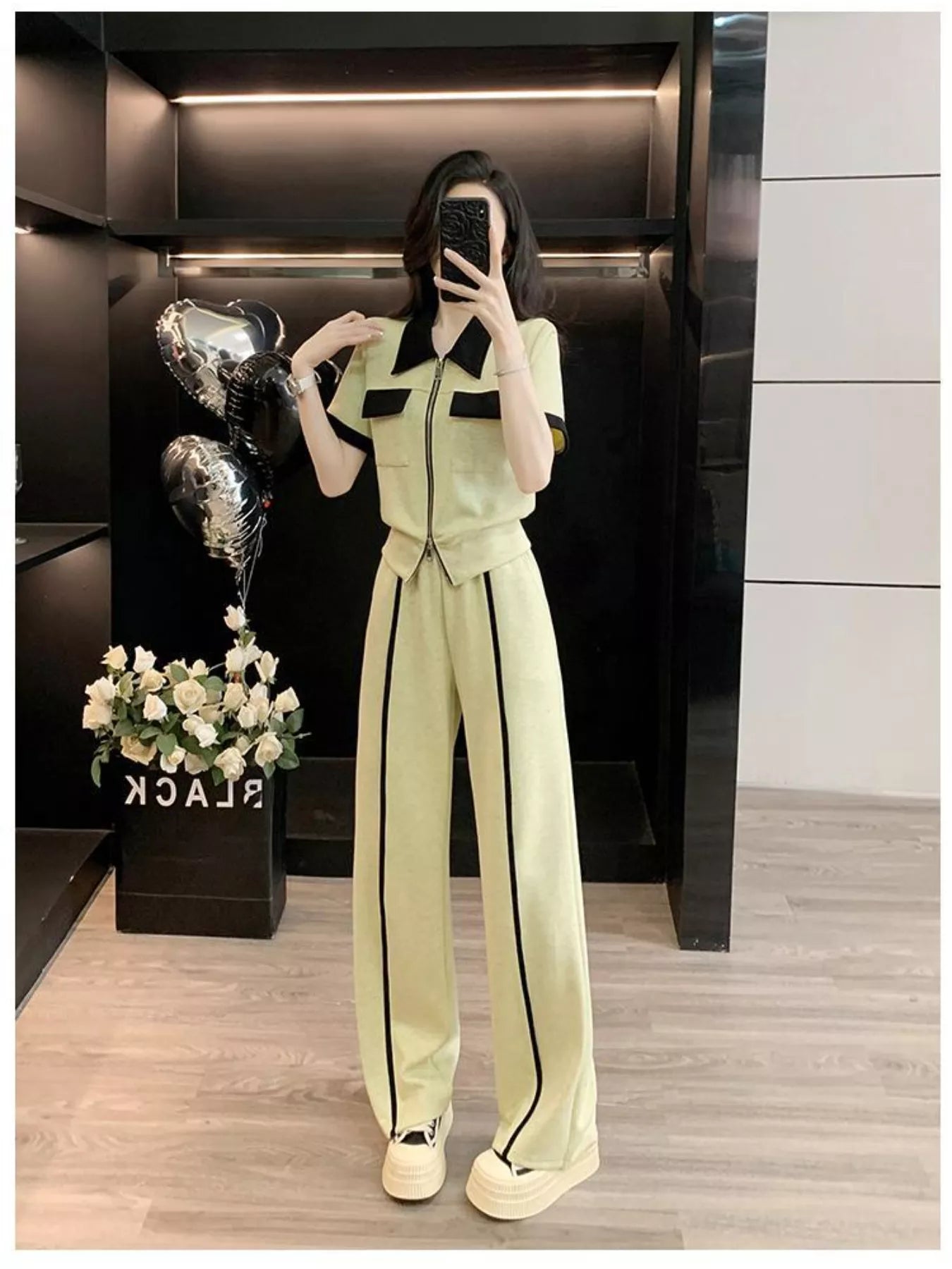 Contrast Zip Up Top and Wide-Leg Pants Set