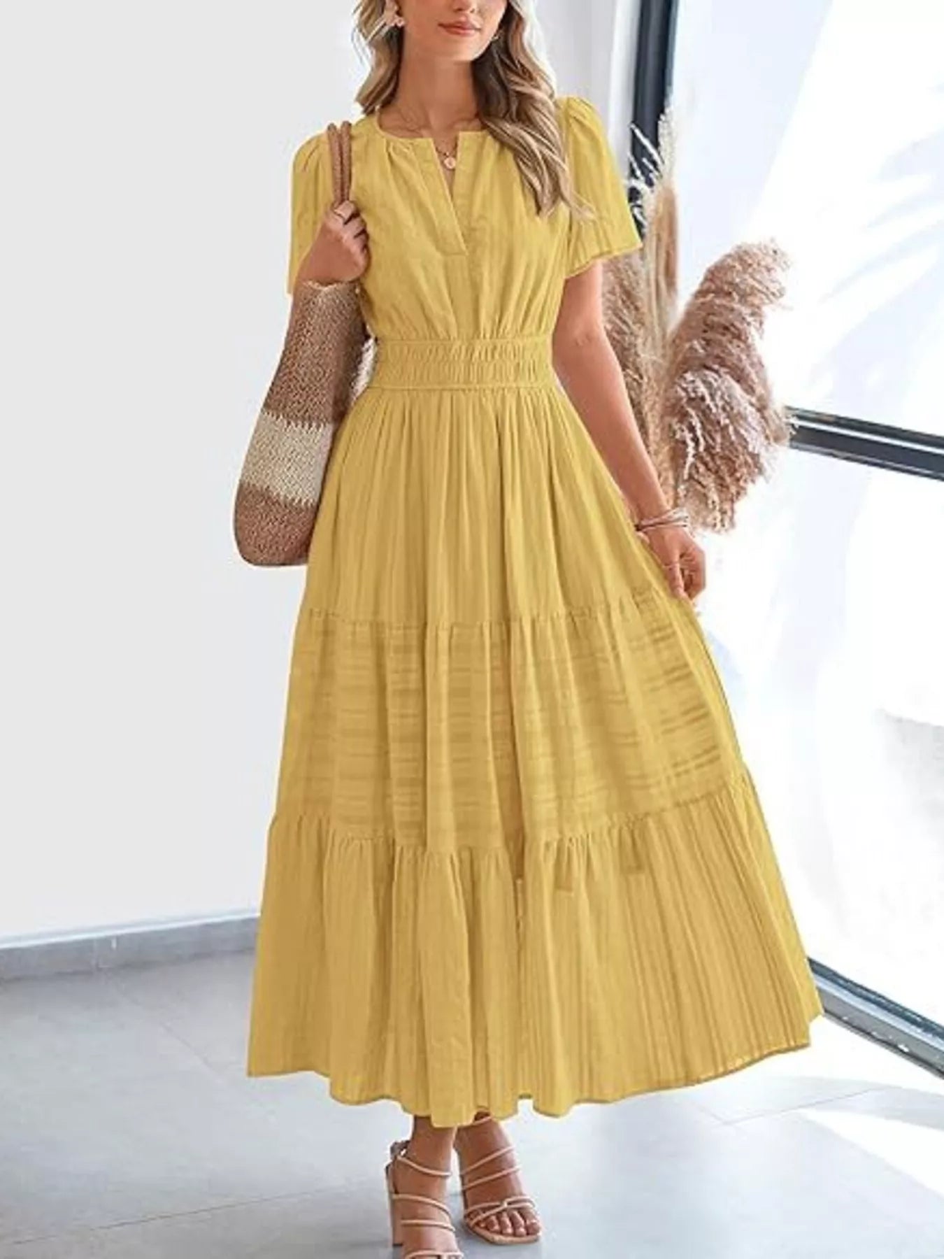 Full Size Short Sleeve Tiered Midi Dress Plus Size