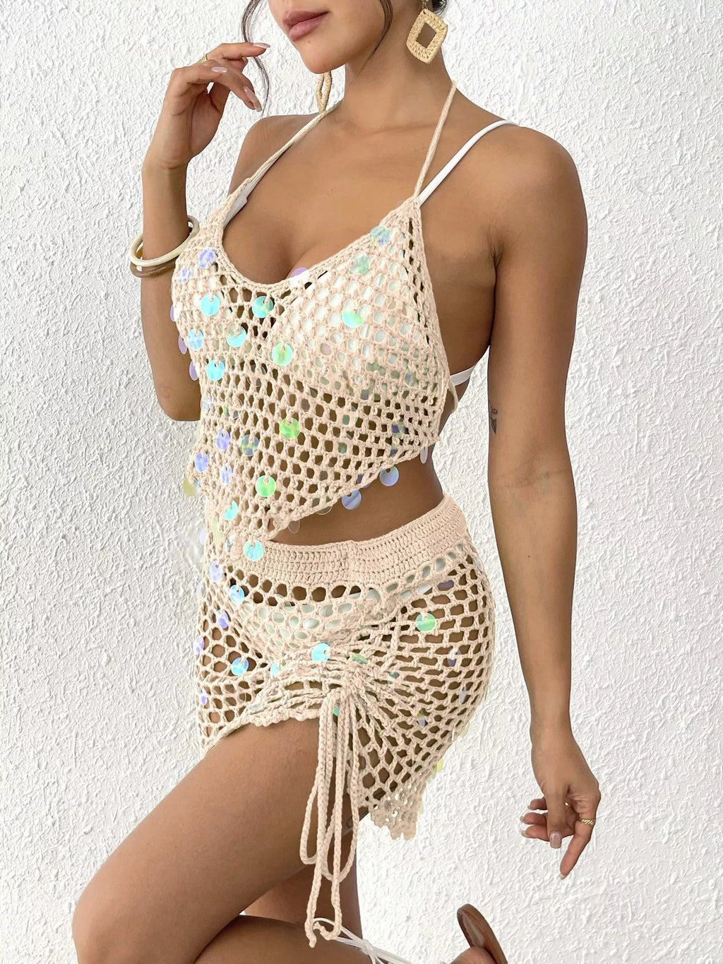 Halter Neck Crochet Knit Top and Skirt Cover Up Set