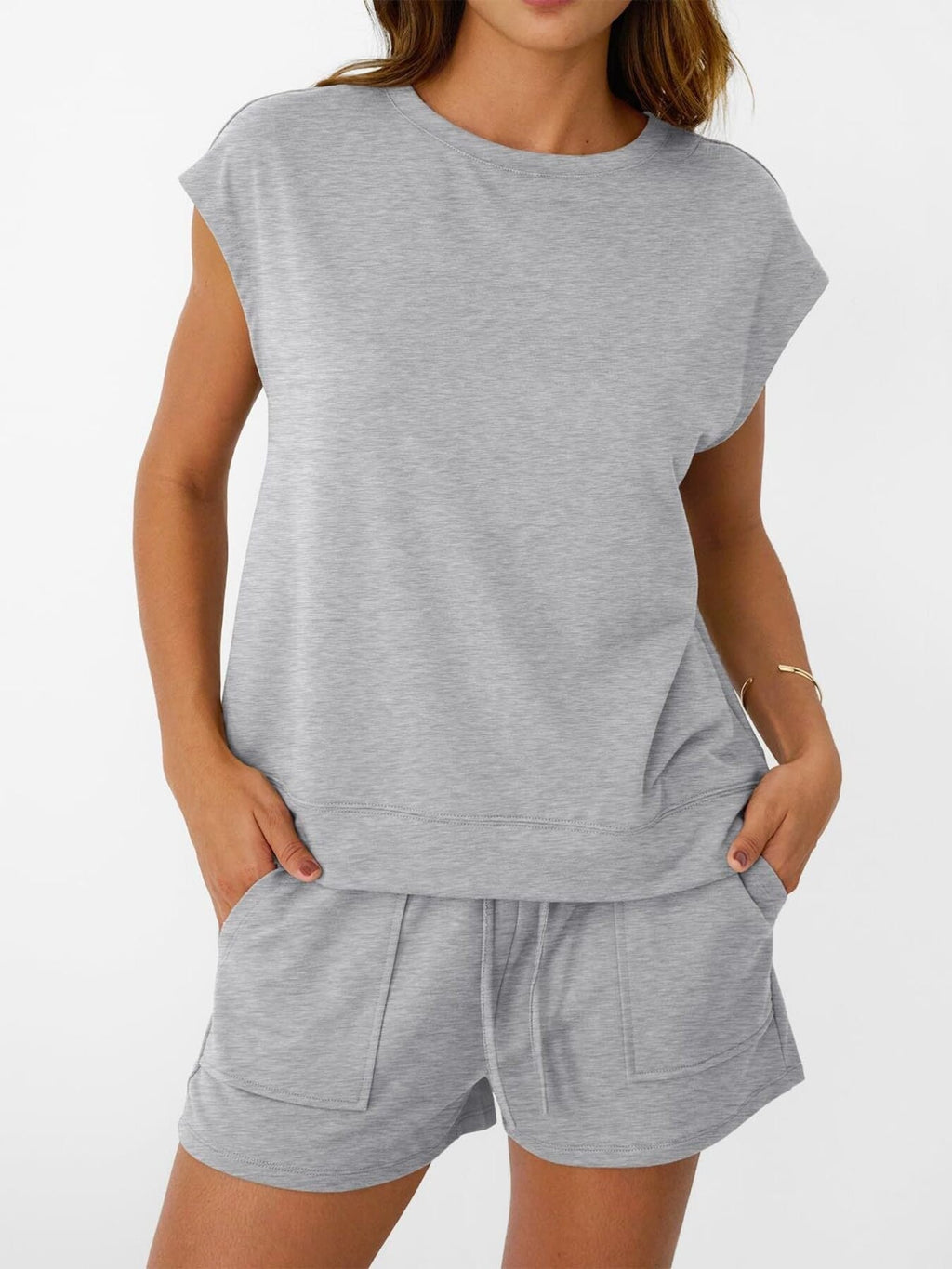 Round Neck Cap Sleeve Top and Shorts Set