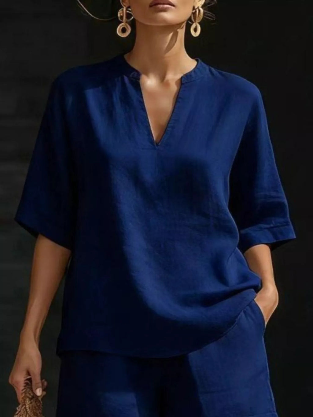 Full Size Notched Half Sleeve Top and Shorts Set Plus Size