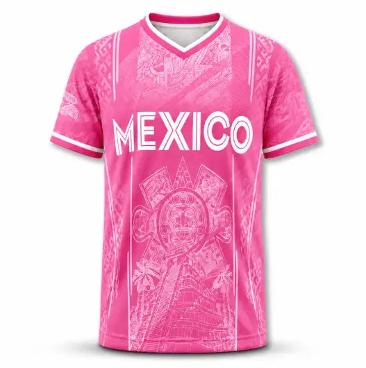 Men’s Light Pink Aztec Sun Stone V-Neck T-Shirt – Mexican Culture Graphic Tee, Pastel Heritage Sportswear