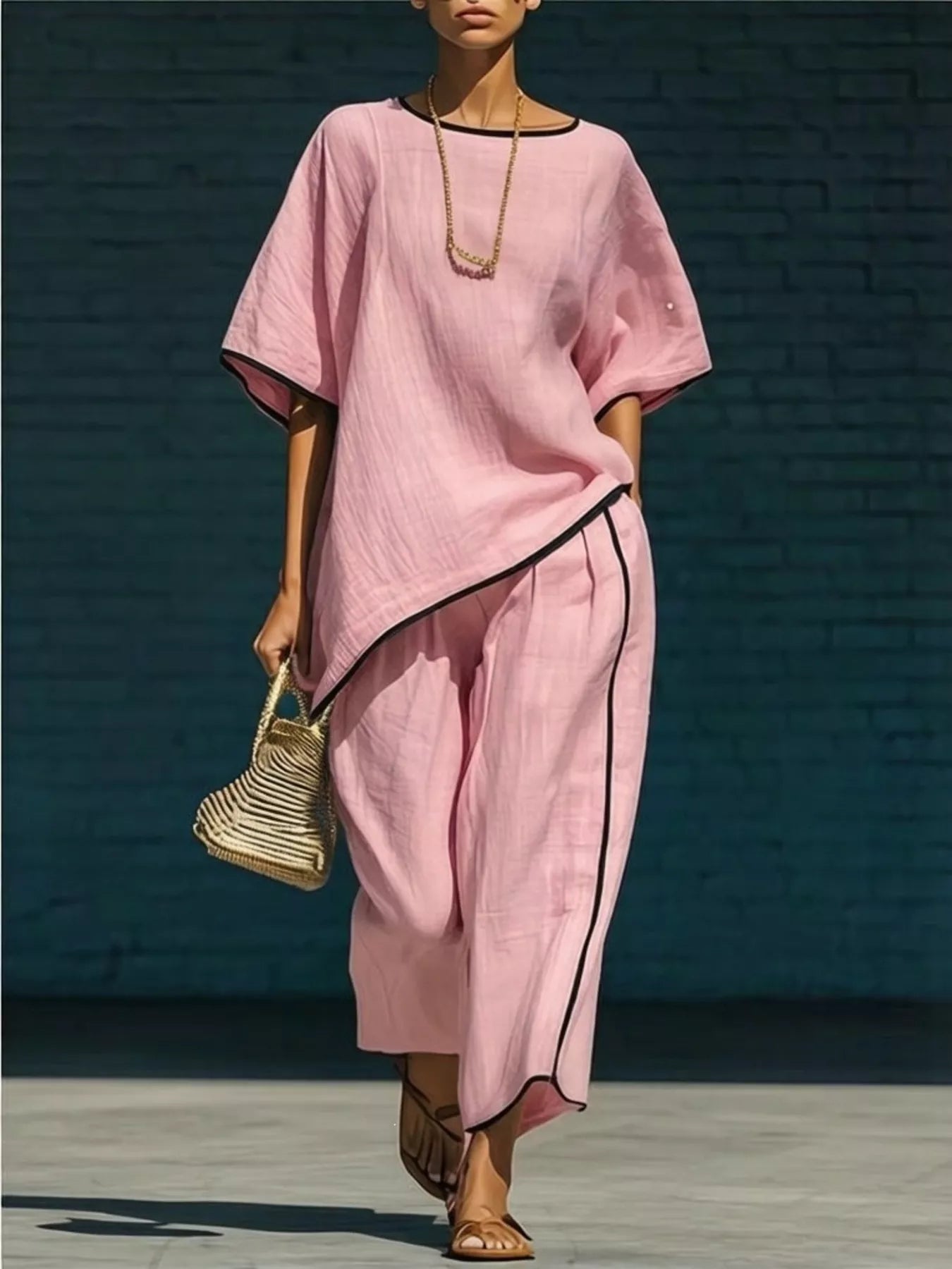 Contrast Trim Round Neck Top and Pants Set