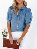 Puff Sleeve Button-Down Denim Top