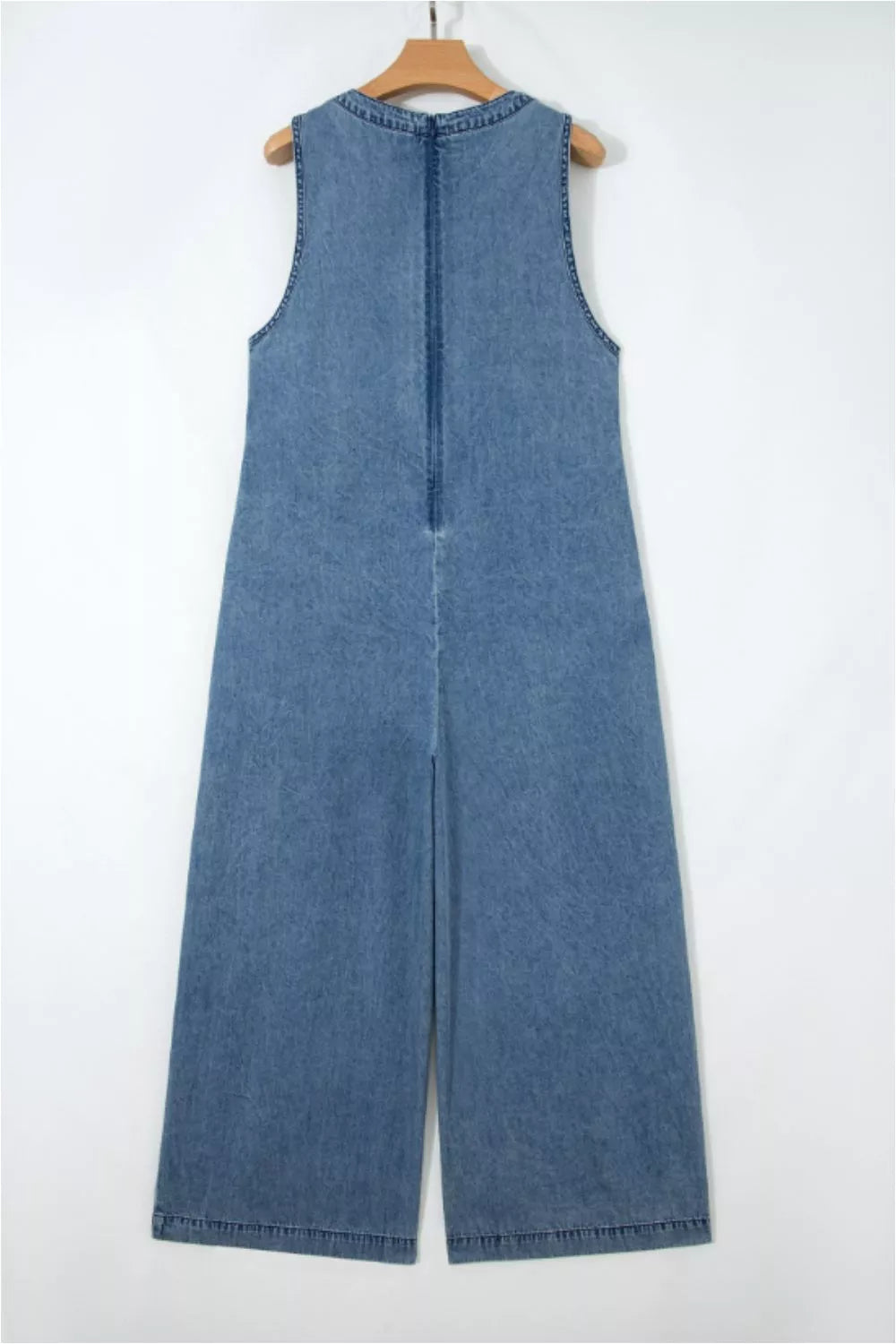 Acid Wash Pintuck Tie V Neck Denim Wide Leg Jumpsuit
