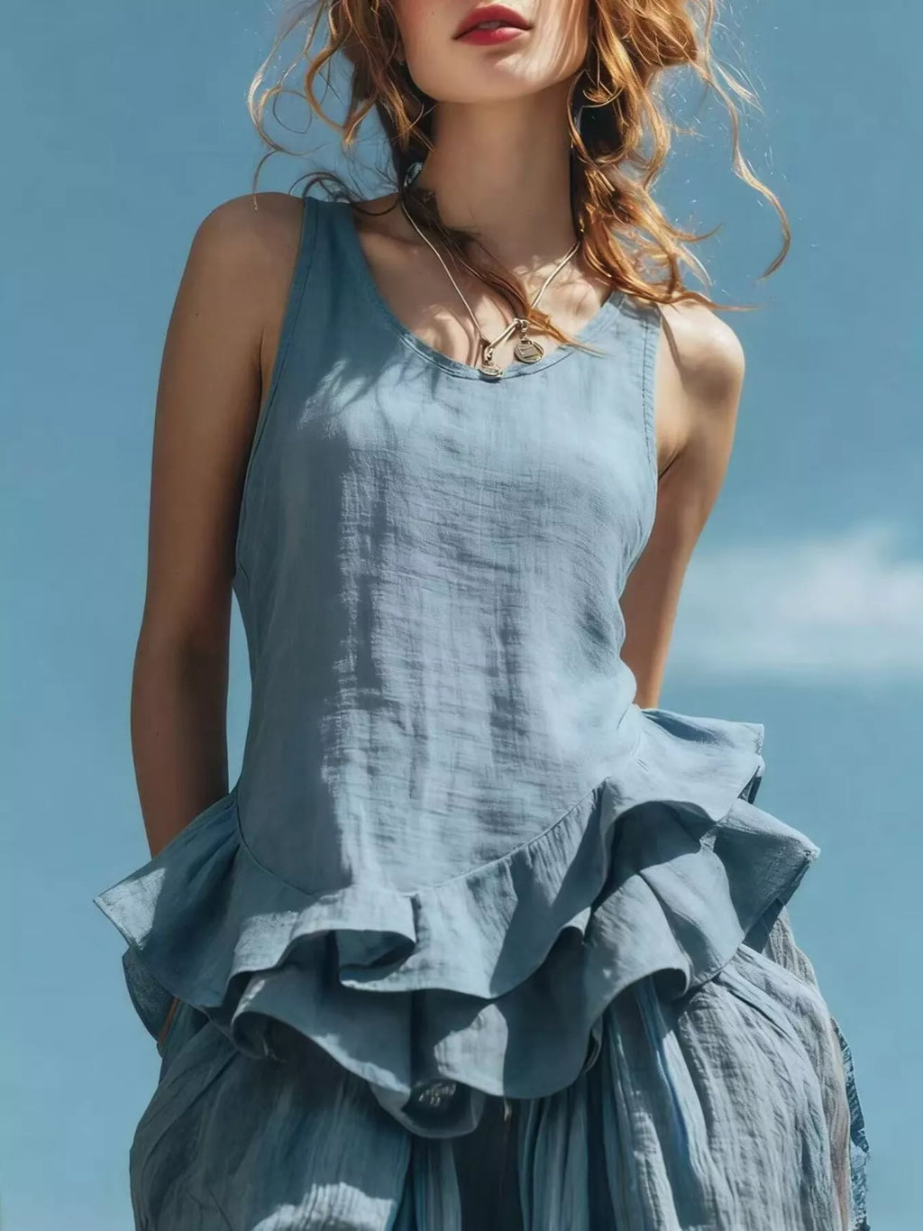 Ruffled Hem Round Neck Tank