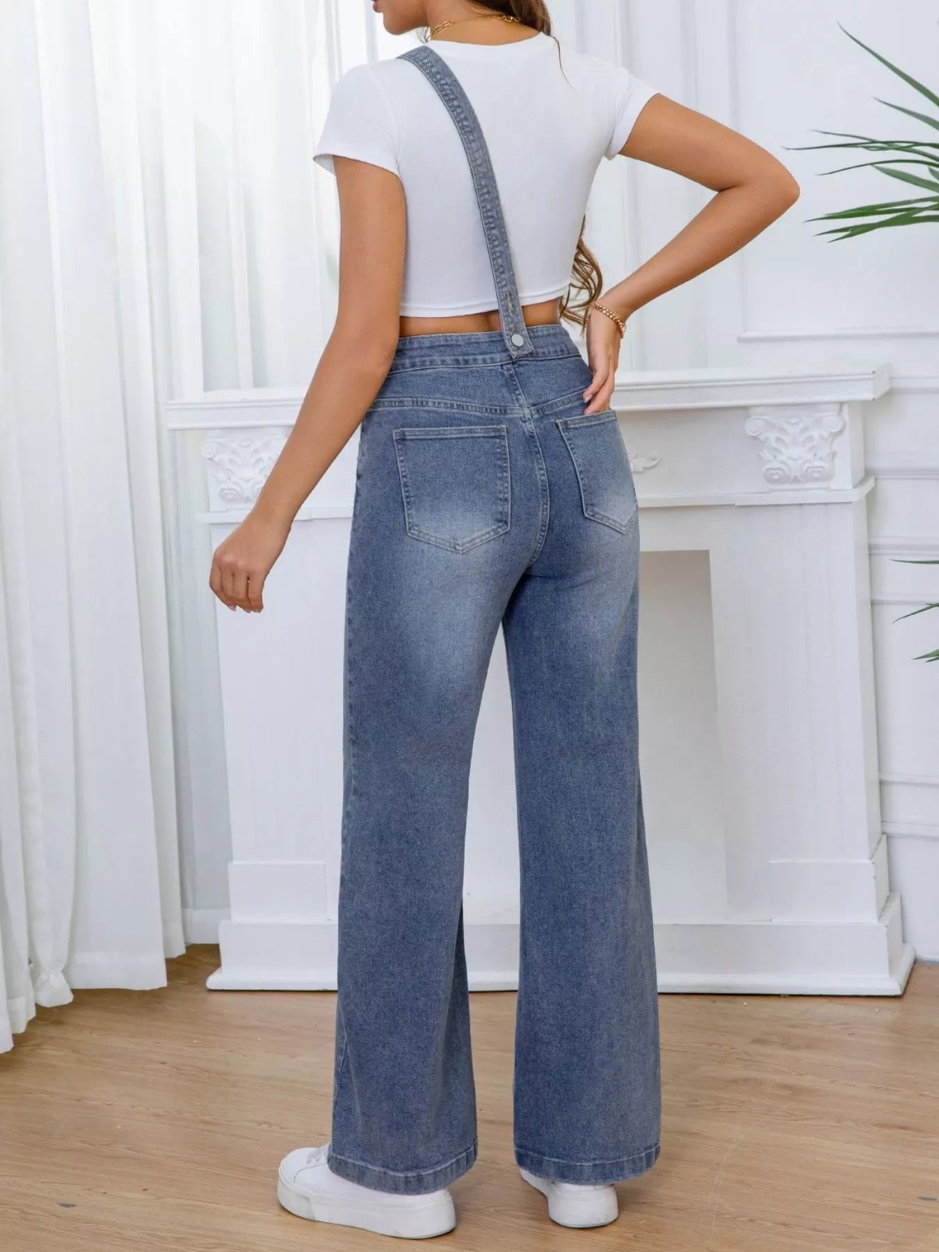 Adjustable Strap Washed Wide-Leg Denim Overalls
