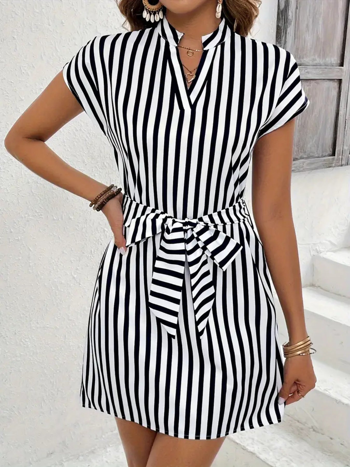 Striped Tie Waist Mini Dress