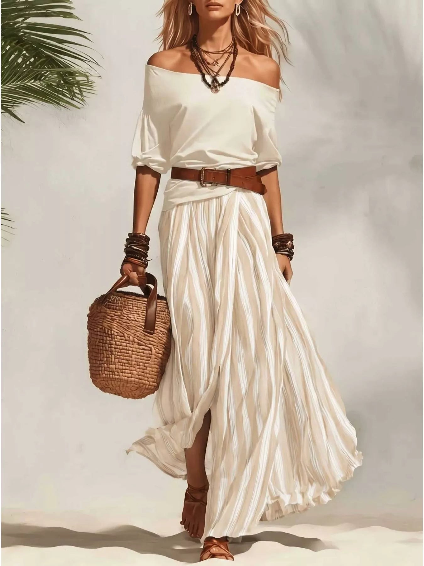 Off Shoulder Top and Striped Maxi Skirt Set