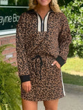 Leopard Print Half Zip Pullover & Drawstring Skirt Set