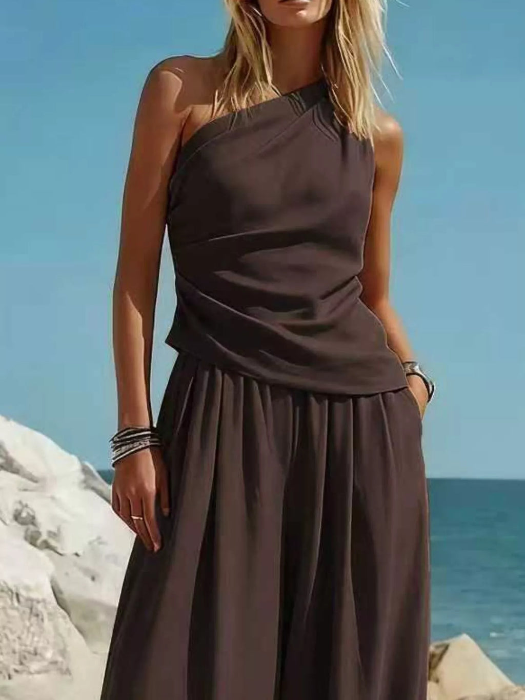 Full Size One-Shoulder Top and Wide Leg Pants Set Plus Size
