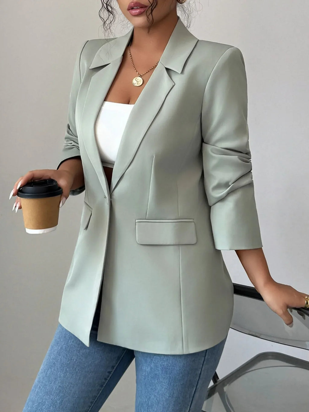 One Button Lapel Collar Blazer