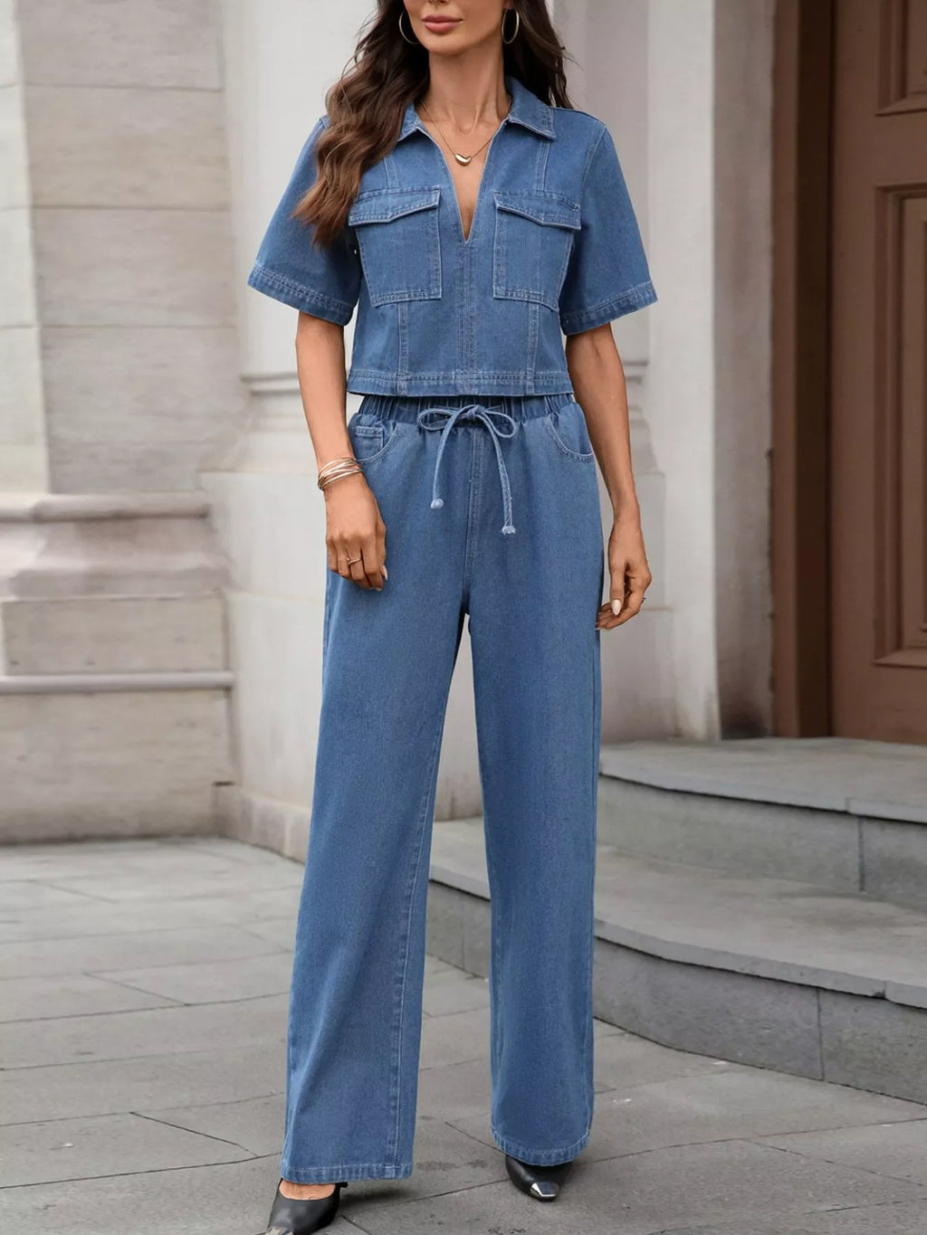 Short Sleeve Top and Drawstring Pants Denim Set