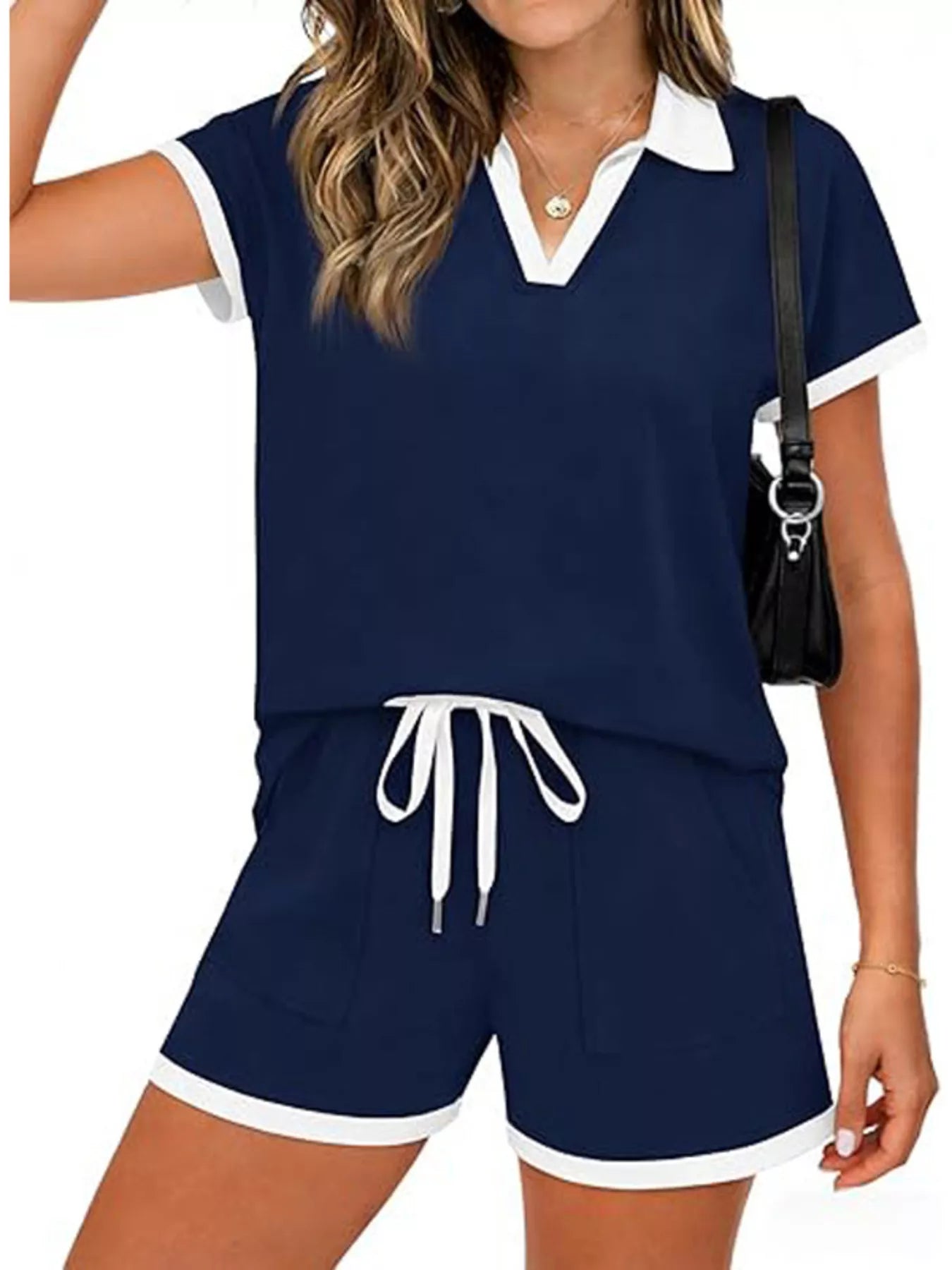 Polo Collar Short Sleeve Top and Shorts Set