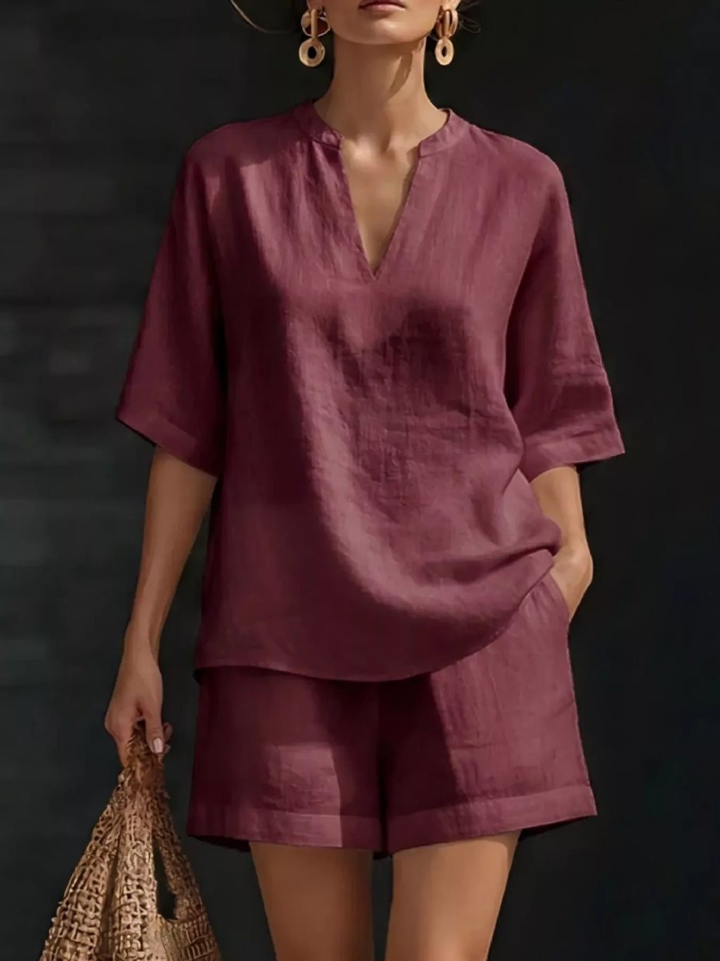 Full Size Notched Half Sleeve Top and Shorts Set Plus Size