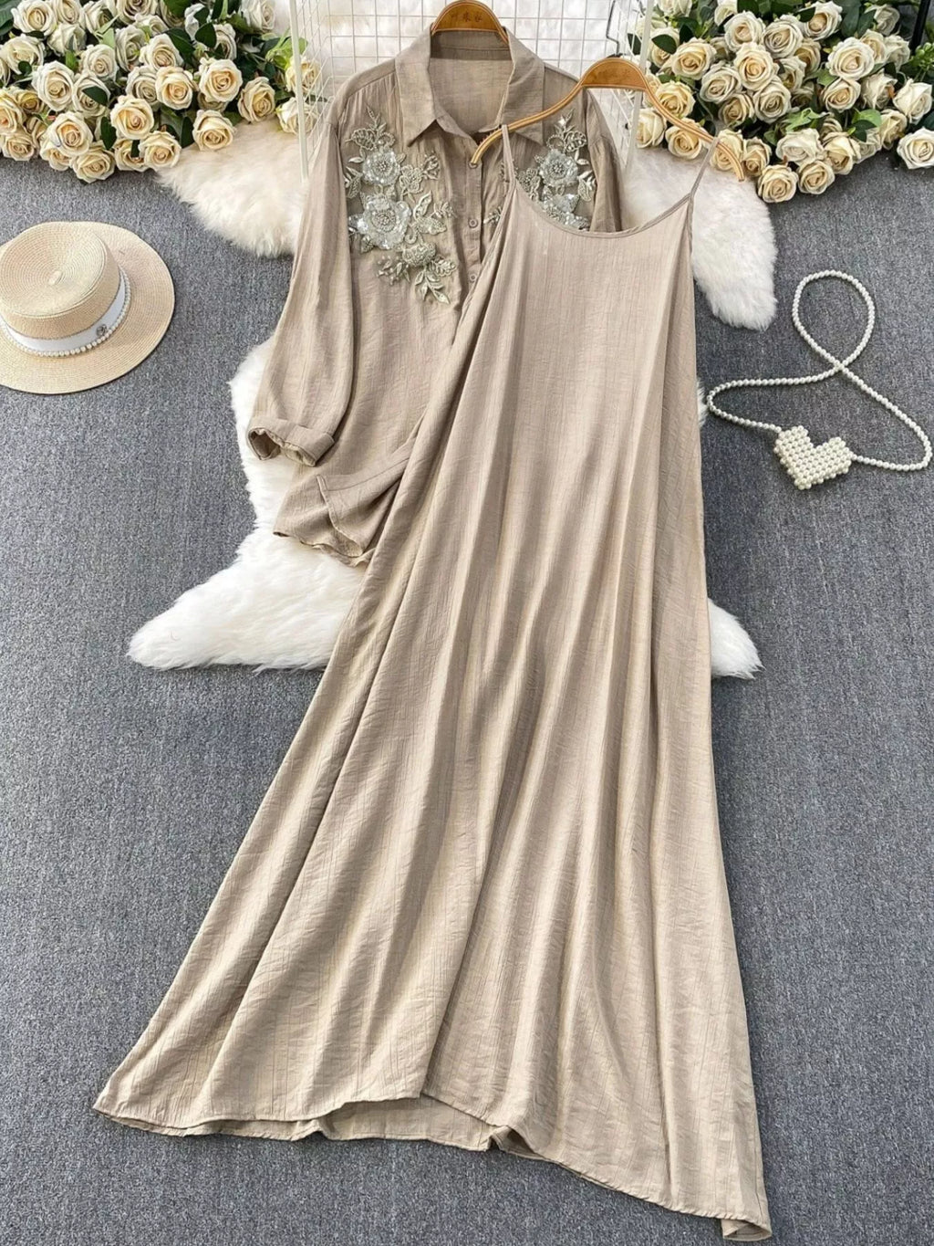 Sequin Flower Button Up Shirt and Cami Dress Set