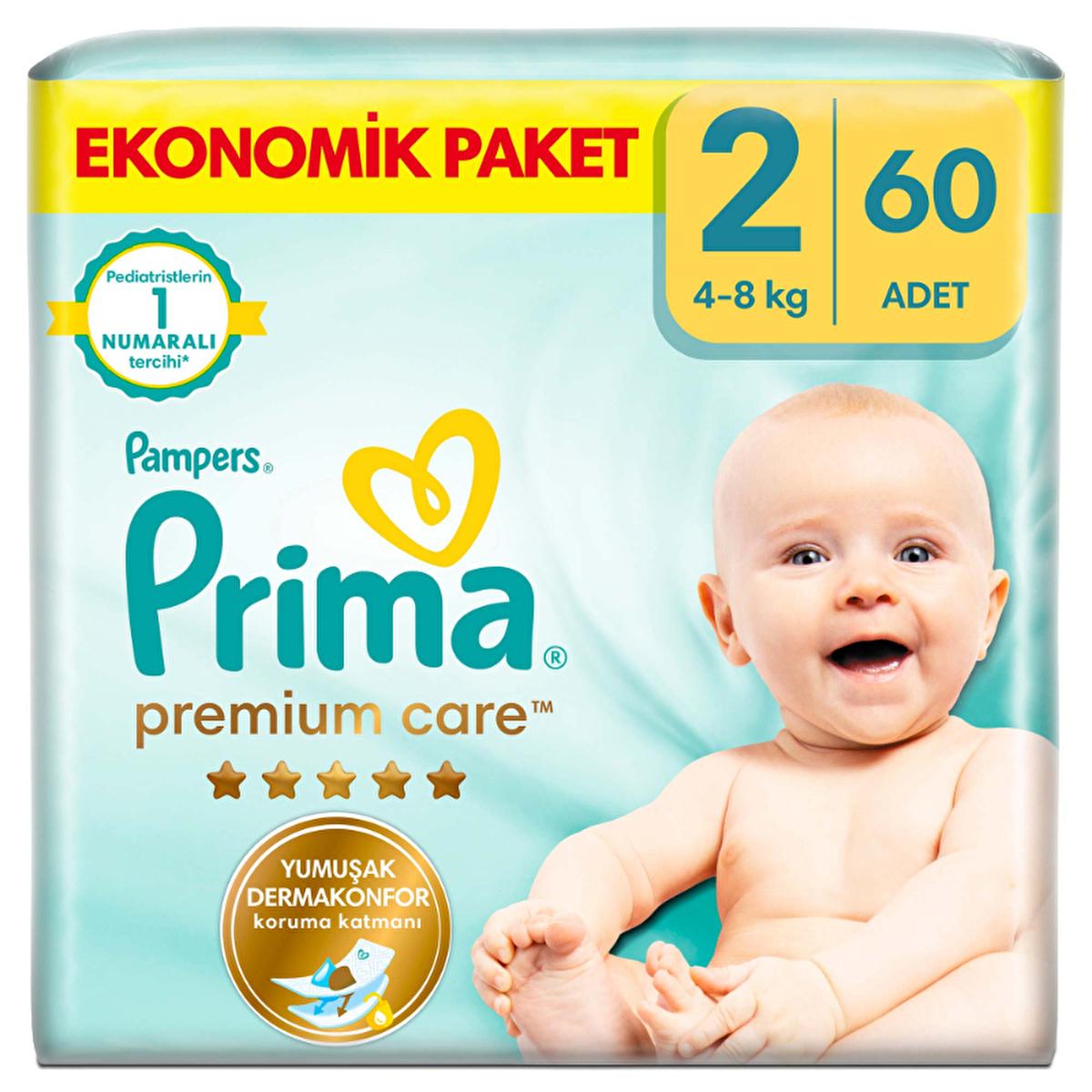 Prima Pampers Baby Diapers Premium Care Size 2 - 60 Count, Ultra Soft & Dermatologically Tested
