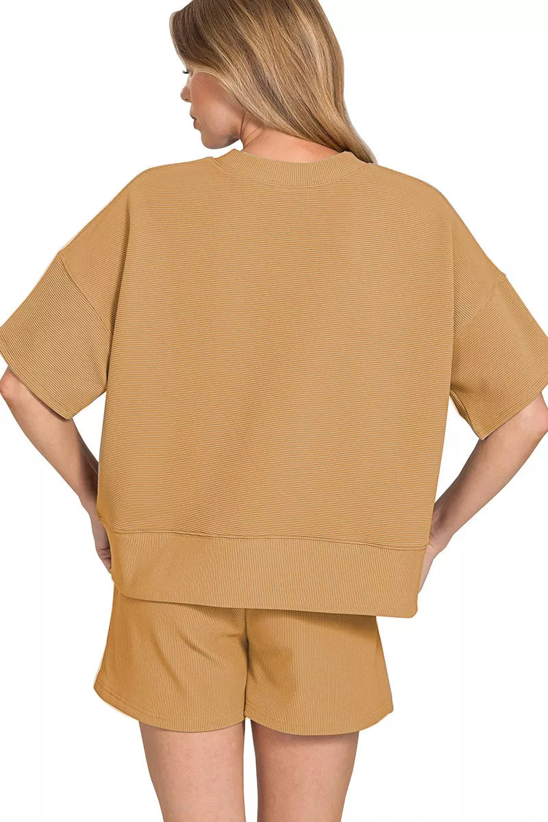 Zenana Ribbed Round Neck Waist Banded Tee & Shorts Set