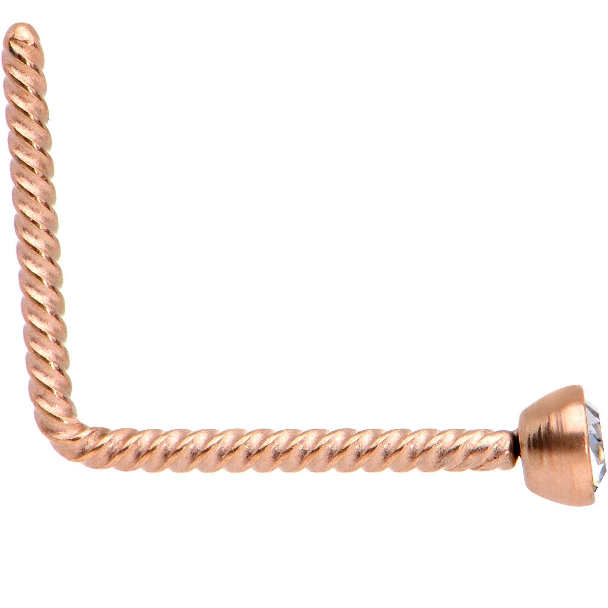 BodyCandy Clear 2mm Gem Inlay Rose Gold IP So Twisted L Shaped Nose Ring — detail and construction