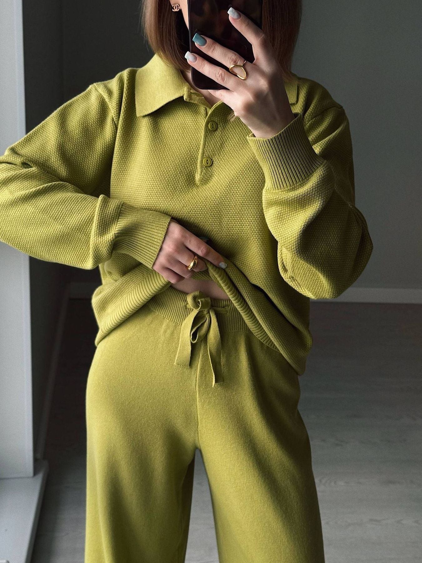 Polo Collar Top and Pants or Skirt Knit Set
