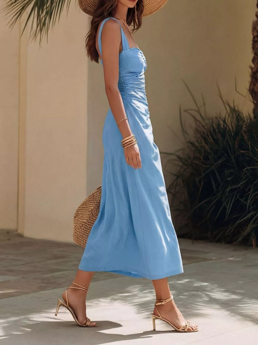Ruched Sweetheart Neck Midi Dress