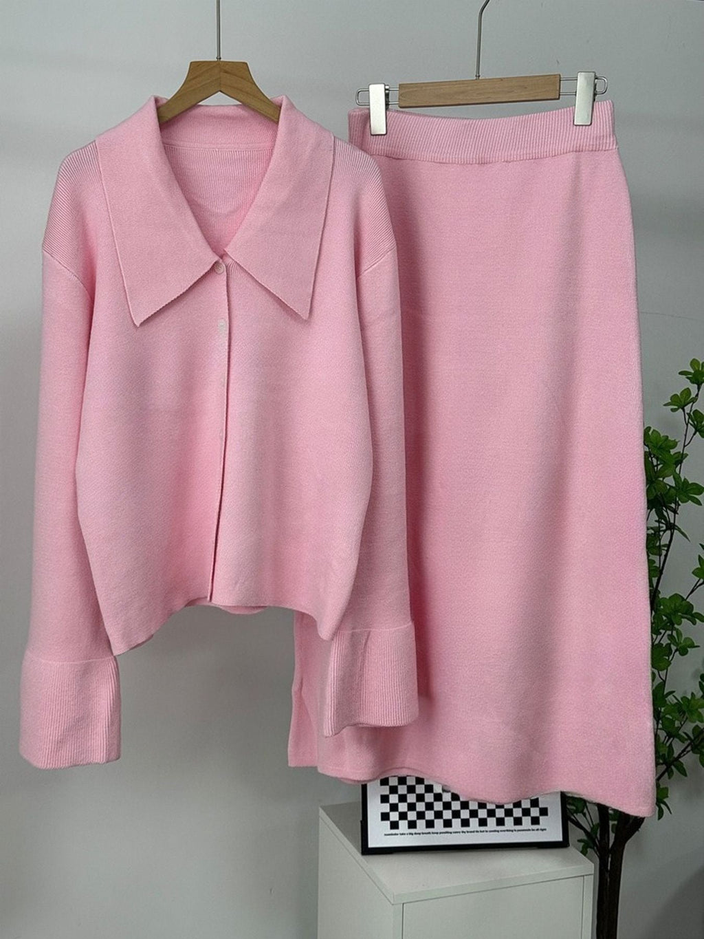 Button Down Long Sleeve Cardigan and Skirt Knit Set