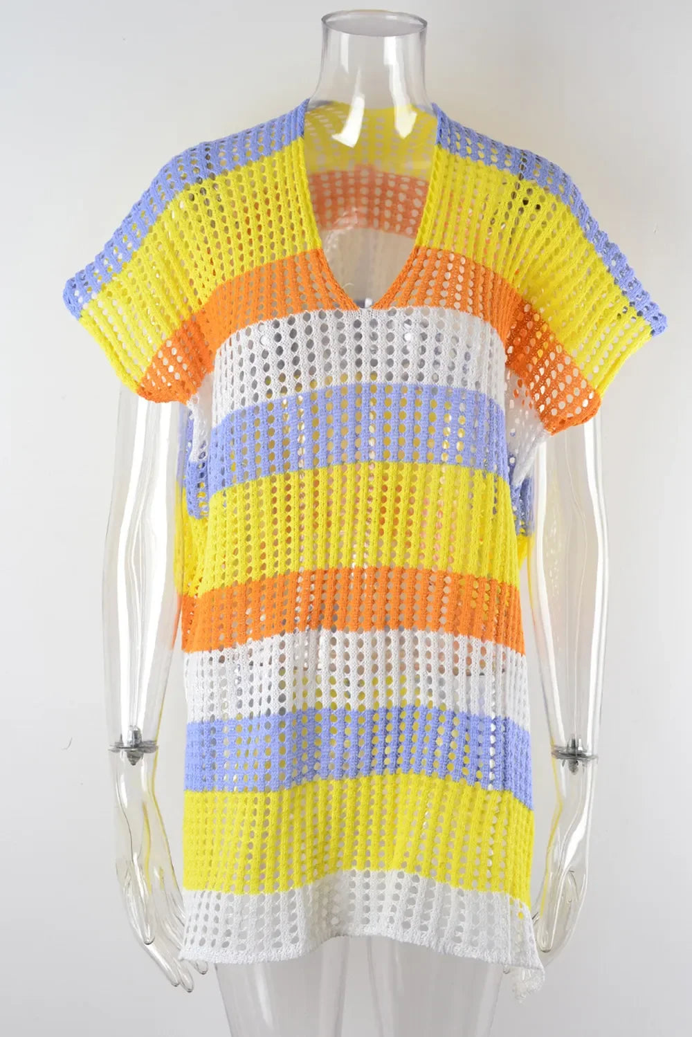 Color Block V-Neck Openwork Cover-Up with Side Slit