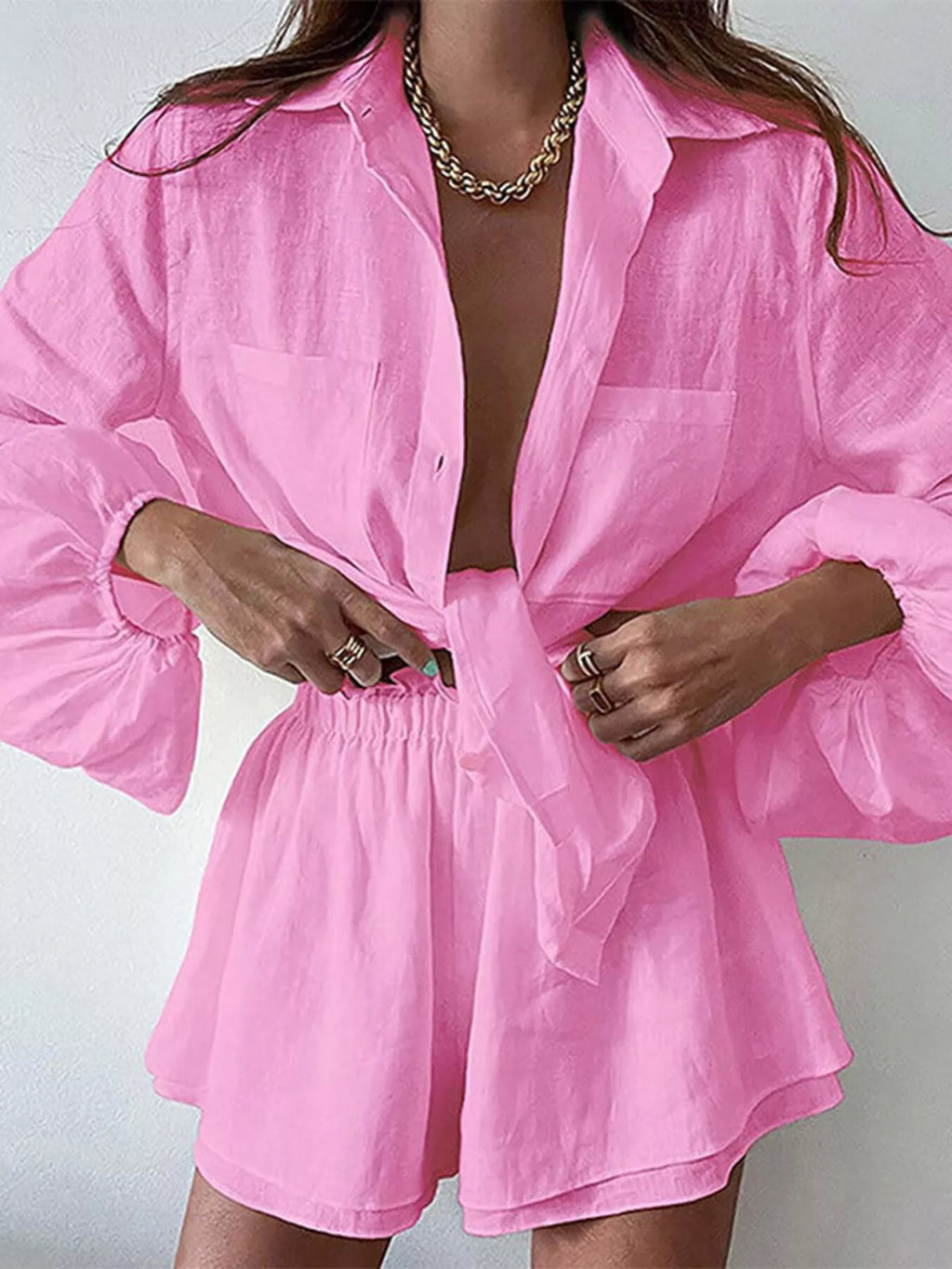 Button Up Long Sleeve Shirt and Shorts Set