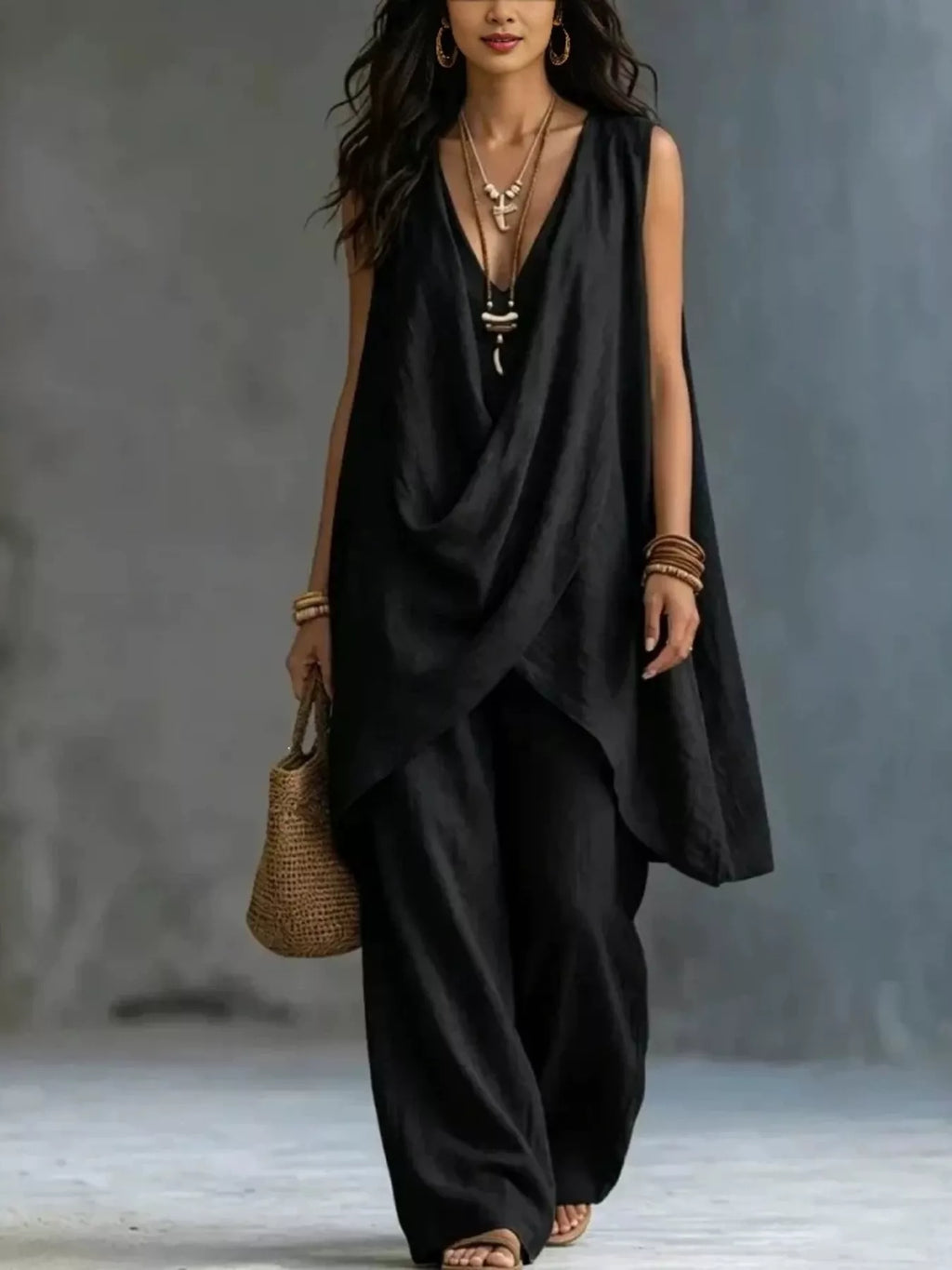 Sleeveless Asymmetrical Top and Wide-Leg Pants Set