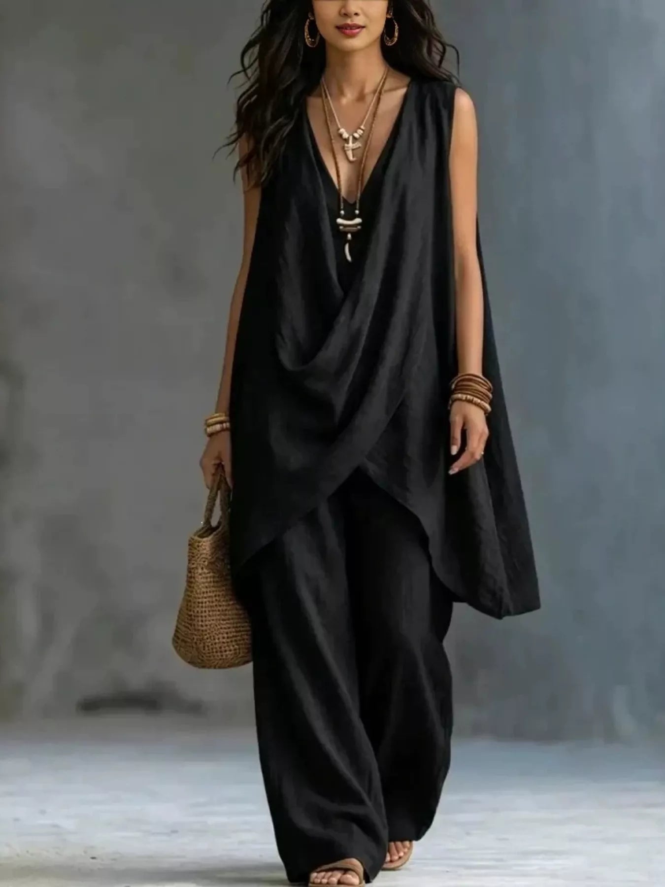 Sleeveless Asymmetrical Top and Wide-Leg Pants Set