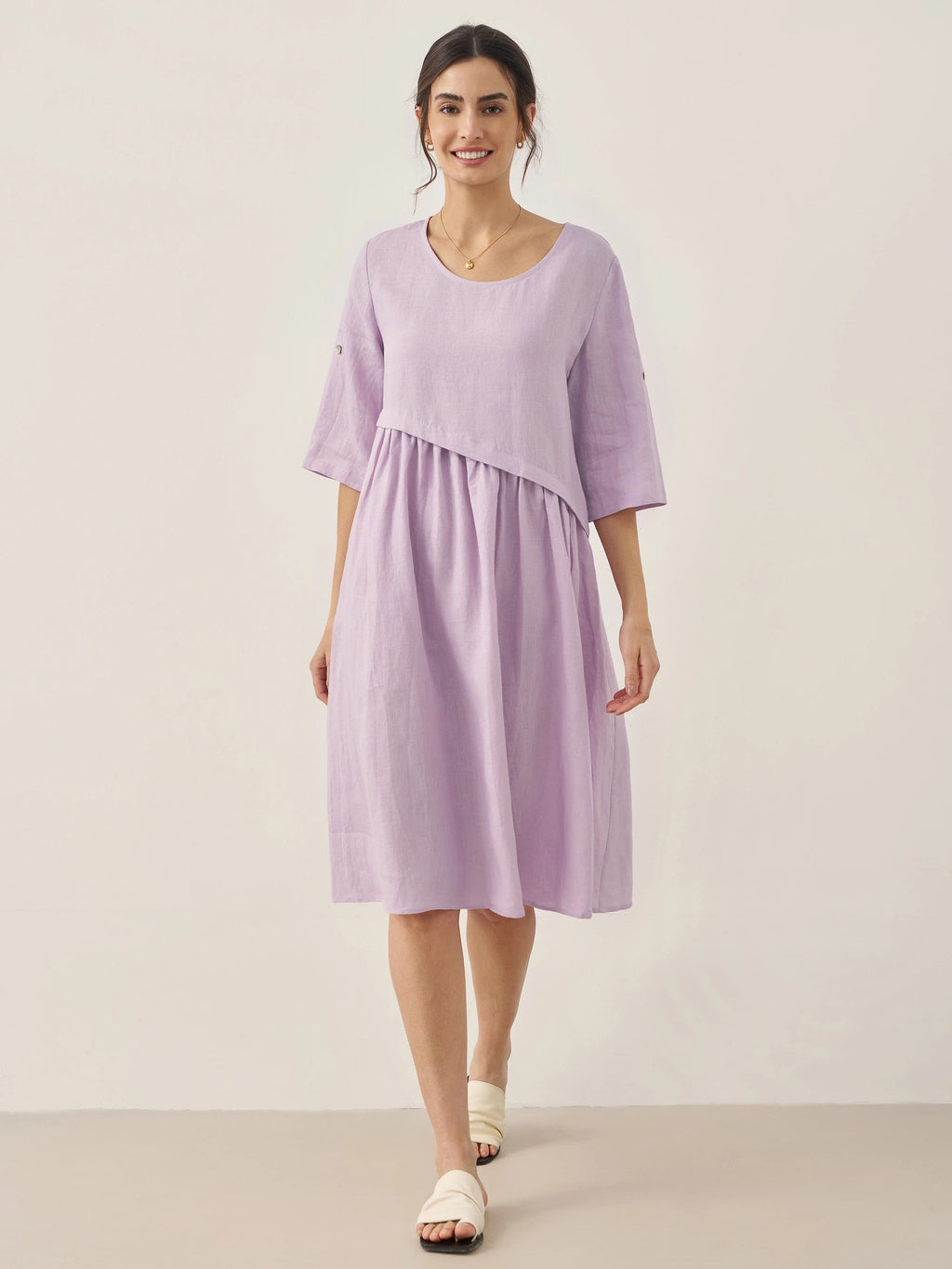 LINTICO 100% Linen Asymmetrical Pleated Round Neck Midi Dress YOLANDA — LINTICO branding close-up