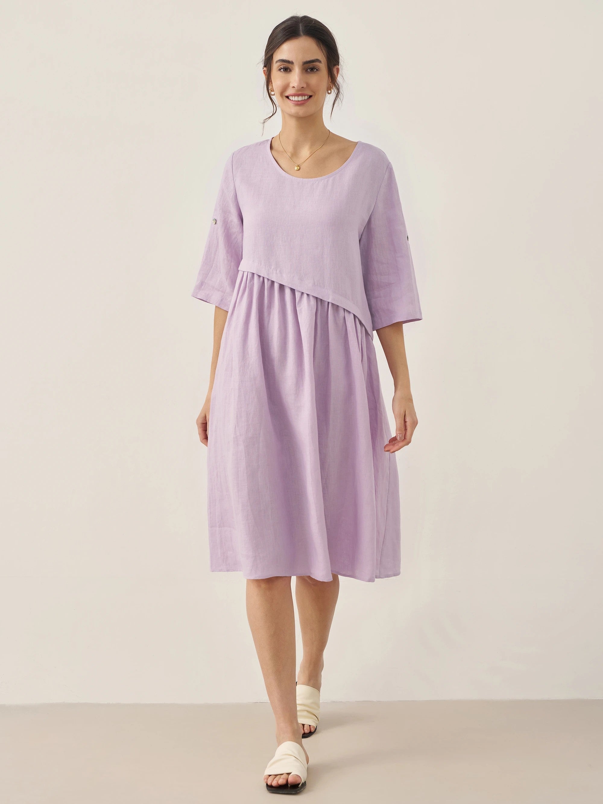 LINTICO 100% Linen Asymmetrical Pleated Round Neck Midi Dress YOLANDA — LINTICO branding close-up