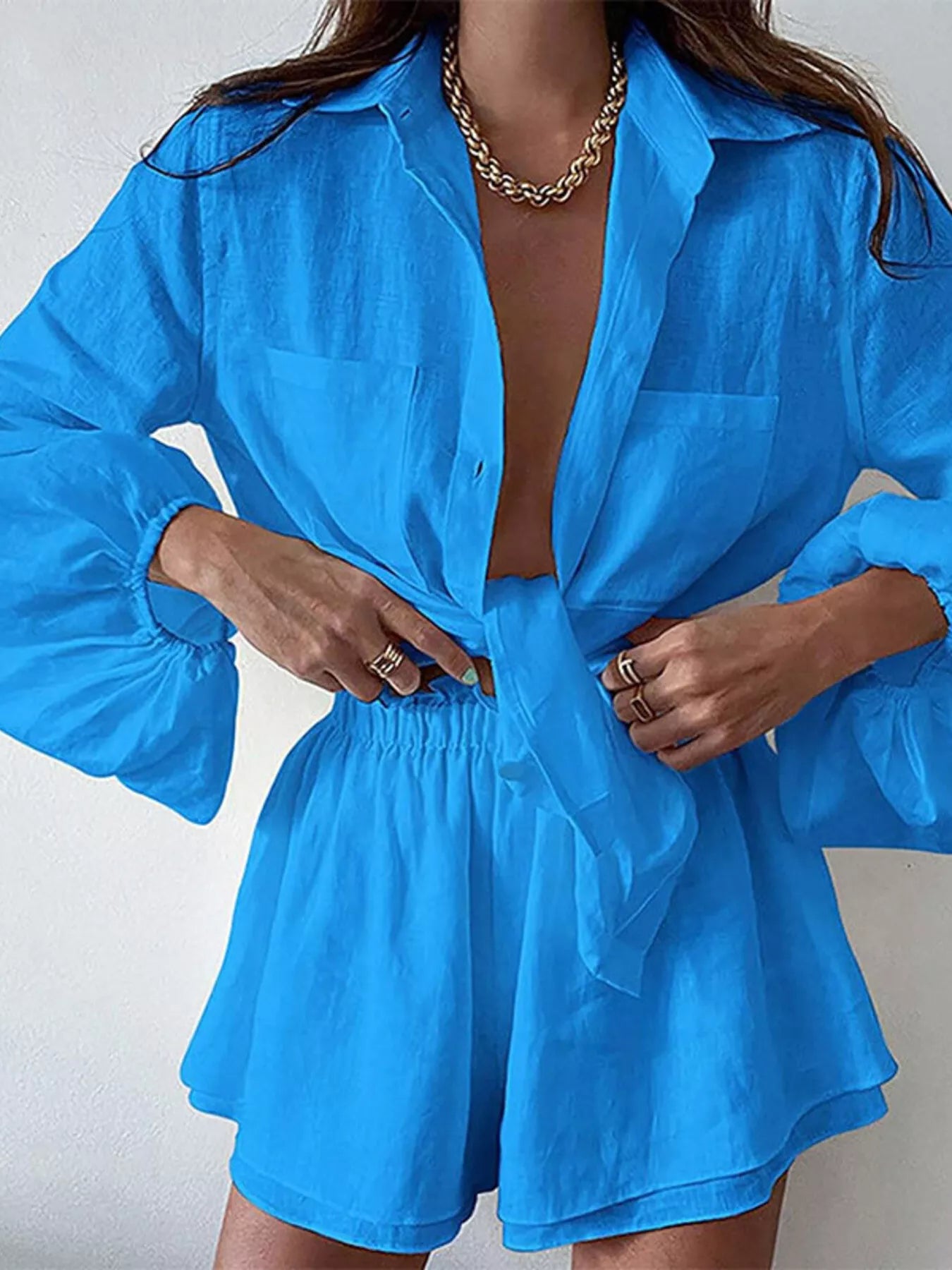 Button Up Long Sleeve Shirt and Shorts Set