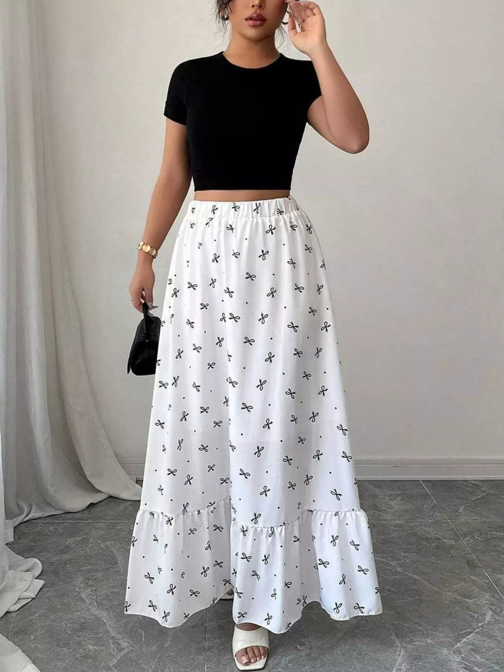Bowknot Print Ruffle Hem Maxi Skirt