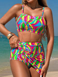 Multicolour Abstract Print Textured Spaghetti Strap High Waist Bikini Set