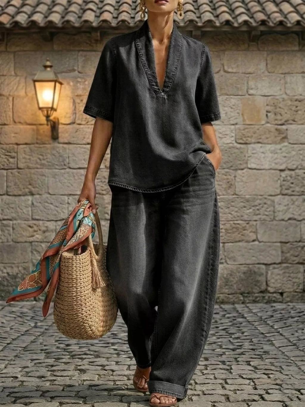 Full Size Half Sleeve Top and Wide Leg Pants Set Plus Size